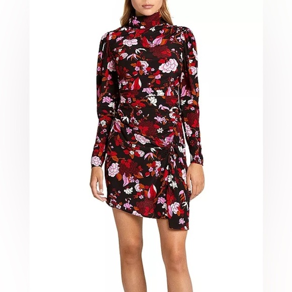 A.L.C. Marcel Floral Print Dress Black Red Silk Midi High Neck Long Sleeves - Picture 14 of 15